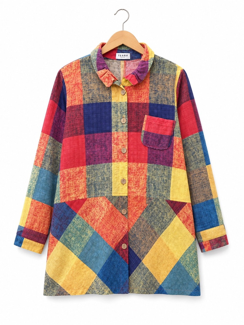 Terra SJ Apparel Tunic Shirt Women’s L colorful Patchwork Artsy Boho Lagenlook